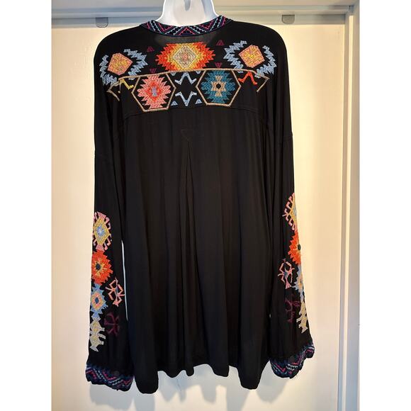 BIYA Johnny Was Black Rayon Heavily Embroidered Oversized Tunic Shirt Boho L EUC - Picture 3 of 6